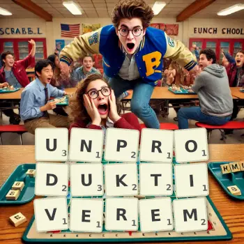 Kreative Illustration für ein Scrabble-Spiel, bei dem das Wort UNPRODUKTIVEREM mit Steinen auf dem Brett gelegt wurde.