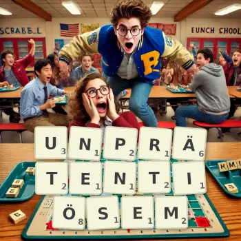 Kreative Illustration für ein Scrabble-Spiel, bei dem das Wort UNPRÄTENTIÖSEM mit Steinen auf dem Brett gelegt wurde.