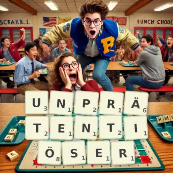 Kreative Illustration für ein Scrabble-Spiel, bei dem das Wort UNPRÄTENTIÖSER mit Steinen auf dem Brett gelegt wurde.