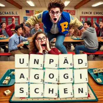 Kreative Illustration für ein Scrabble-Spiel, bei dem das Wort UNPÄDAGOGISCHEN mit Steinen auf dem Brett gelegt wurde.