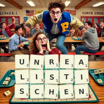 Kreative Illustration für ein Scrabble-Spiel, bei dem das Wort UNREALISTISCHEN mit Steinen auf dem Brett gelegt wurde.