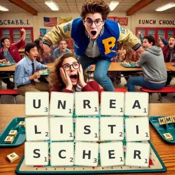Kreative Illustration für ein Scrabble-Spiel, bei dem das Wort UNREALISTISCHER mit Steinen auf dem Brett gelegt wurde.