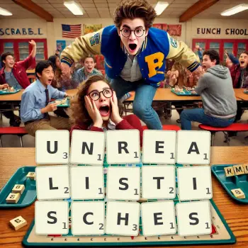 Kreative Illustration für ein Scrabble-Spiel, bei dem das Wort UNREALISTISCHES mit Steinen auf dem Brett gelegt wurde.