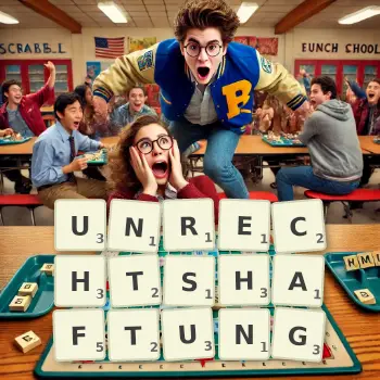 Kreative Illustration für ein Scrabble-Spiel, bei dem das Wort UNRECHTSHAFTUNG mit Steinen auf dem Brett gelegt wurde.