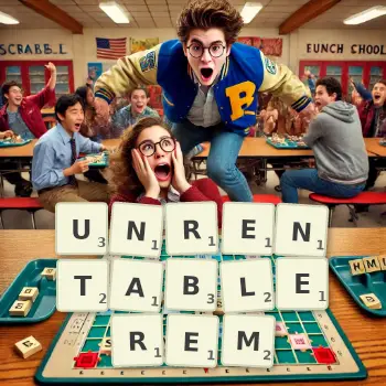 Kreative Illustration für ein Scrabble-Spiel, bei dem das Wort UNRENTABLEREM mit Steinen auf dem Brett gelegt wurde.