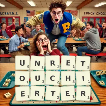 Kreative Illustration für ein Scrabble-Spiel, bei dem das Wort UNRETOUCHIERTER mit Steinen auf dem Brett gelegt wurde.