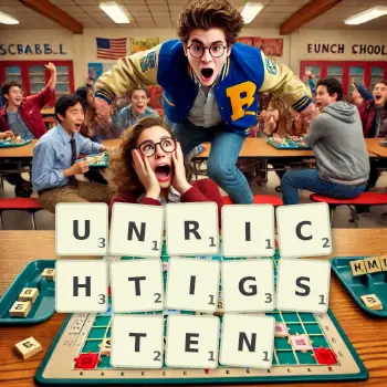 Kreative Illustration für ein Scrabble-Spiel, bei dem das Wort UNRICHTIGSTEN mit Steinen auf dem Brett gelegt wurde.