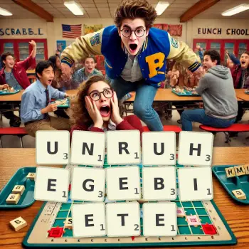 Kreative Illustration für ein Scrabble-Spiel, bei dem das Wort UNRUHEGEBIETE mit Steinen auf dem Brett gelegt wurde.