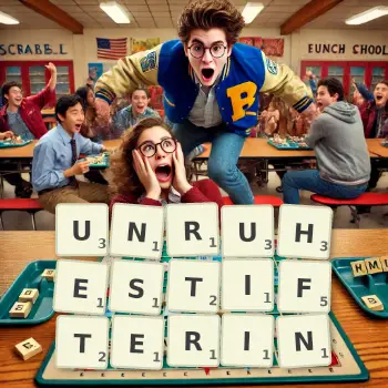 Kreative Illustration für ein Scrabble-Spiel, bei dem das Wort UNRUHESTIFTERIN mit Steinen auf dem Brett gelegt wurde.