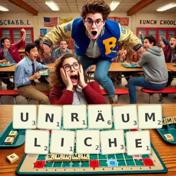 Kreative Illustration für ein Scrabble-Spiel, bei dem das Wort UNRÄUMLICHE mit Steinen auf dem Brett gelegt wurde.