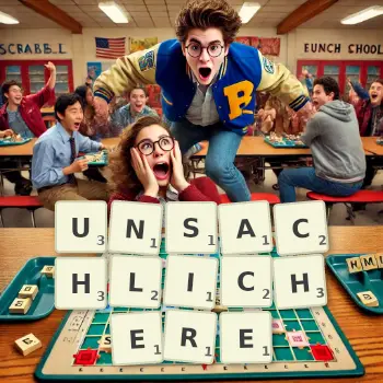 Kreative Illustration für ein Scrabble-Spiel, bei dem das Wort UNSACHLICHERE mit Steinen auf dem Brett gelegt wurde.