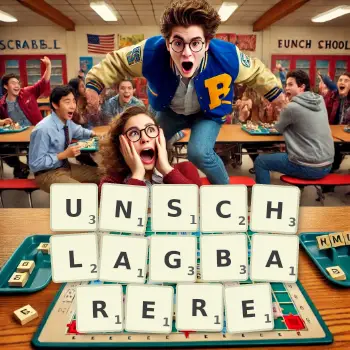 Kreative Illustration für ein Scrabble-Spiel, bei dem das Wort UNSCHLAGBARERE mit Steinen auf dem Brett gelegt wurde.