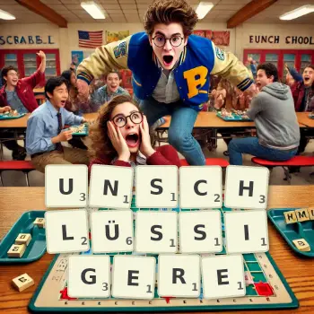 Kreative Illustration für ein Scrabble-Spiel, bei dem das Wort UNSCHLÜSSIGERE mit Steinen auf dem Brett gelegt wurde.