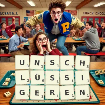 Kreative Illustration für ein Scrabble-Spiel, bei dem das Wort UNSCHLÜSSIGEREN mit Steinen auf dem Brett gelegt wurde.