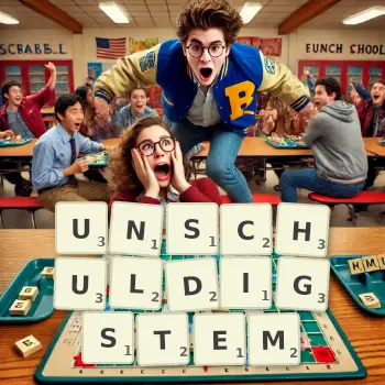 Kreative Illustration für ein Scrabble-Spiel, bei dem das Wort UNSCHULDIGSTEM mit Steinen auf dem Brett gelegt wurde.