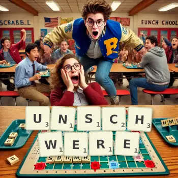 Kreative Illustration für ein Scrabble-Spiel, bei dem das Wort UNSCHWERE mit Steinen auf dem Brett gelegt wurde.