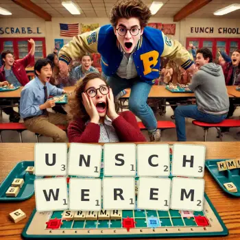 Kreative Illustration für ein Scrabble-Spiel, bei dem das Wort UNSCHWEREM mit Steinen auf dem Brett gelegt wurde.