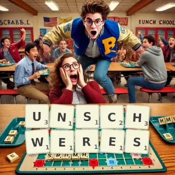 Kreative Illustration für ein Scrabble-Spiel, bei dem das Wort UNSCHWERES mit Steinen auf dem Brett gelegt wurde.