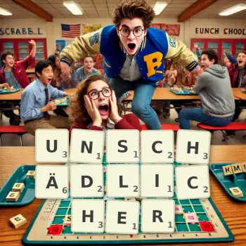 Kreative Illustration für ein Scrabble-Spiel, bei dem das Wort UNSCHÄDLICHER mit Steinen auf dem Brett gelegt wurde.