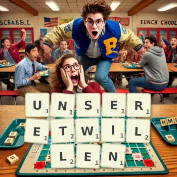 Kreative Illustration für ein Scrabble-Spiel, bei dem das Wort UNSERETWILLEN mit Steinen auf dem Brett gelegt wurde.