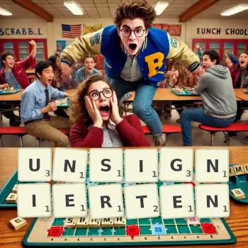 Kreative Illustration für ein Scrabble-Spiel, bei dem das Wort UNSIGNIERTEN mit Steinen auf dem Brett gelegt wurde.