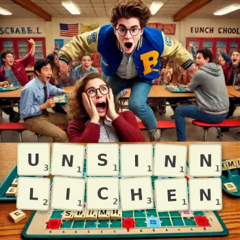 Kreative Illustration für ein Scrabble-Spiel, bei dem das Wort UNSINNLICHEN mit Steinen auf dem Brett gelegt wurde.