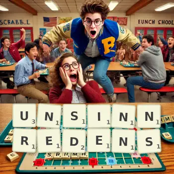 Kreative Illustration für ein Scrabble-Spiel, bei dem das Wort UNSINNREDENS mit Steinen auf dem Brett gelegt wurde.