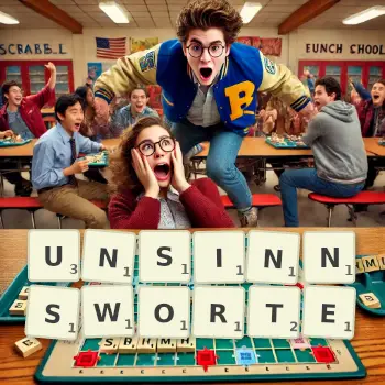 Kreative Illustration für ein Scrabble-Spiel, bei dem das Wort UNSINNSWORTE mit Steinen auf dem Brett gelegt wurde.