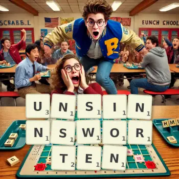 Kreative Illustration für ein Scrabble-Spiel, bei dem das Wort UNSINNSWORTEN mit Steinen auf dem Brett gelegt wurde.