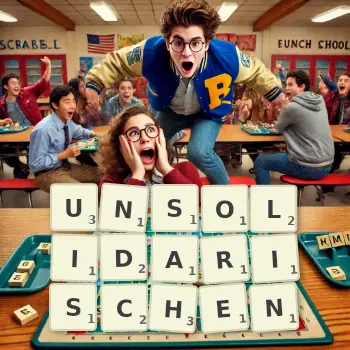 Kreative Illustration für ein Scrabble-Spiel, bei dem das Wort UNSOLIDARISCHEN mit Steinen auf dem Brett gelegt wurde.