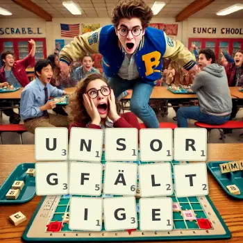 Kreative Illustration für ein Scrabble-Spiel, bei dem das Wort UNSORGFÄLTIGE mit Steinen auf dem Brett gelegt wurde.