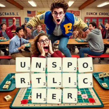 Kreative Illustration für ein Scrabble-Spiel, bei dem das Wort UNSPORTLICHER mit Steinen auf dem Brett gelegt wurde.