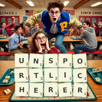 Kreative Illustration für ein Scrabble-Spiel, bei dem das Wort UNSPORTLICHERER mit Steinen auf dem Brett gelegt wurde.