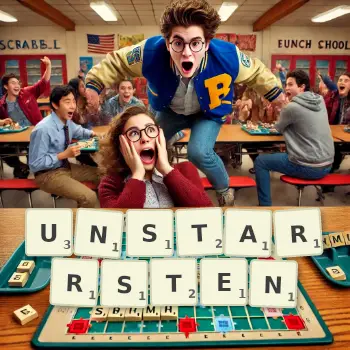 Kreative Illustration für ein Scrabble-Spiel, bei dem das Wort UNSTARRSTEN mit Steinen auf dem Brett gelegt wurde.