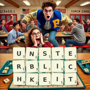 Kreative Illustration für ein Scrabble-Spiel, bei dem das Wort UNSTERBLICHKEIT mit Steinen auf dem Brett gelegt wurde.