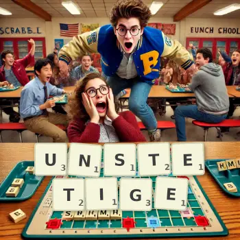 Kreative Illustration für ein Scrabble-Spiel, bei dem das Wort UNSTETIGE mit Steinen auf dem Brett gelegt wurde.