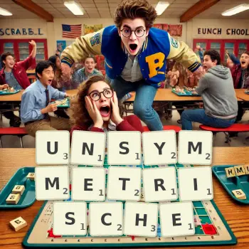 Kreative Illustration für ein Scrabble-Spiel, bei dem das Wort UNSYMMETRISCHE mit Steinen auf dem Brett gelegt wurde.