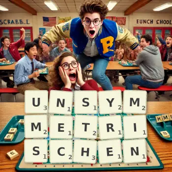 Kreative Illustration für ein Scrabble-Spiel, bei dem das Wort UNSYMMETRISCHEN mit Steinen auf dem Brett gelegt wurde.