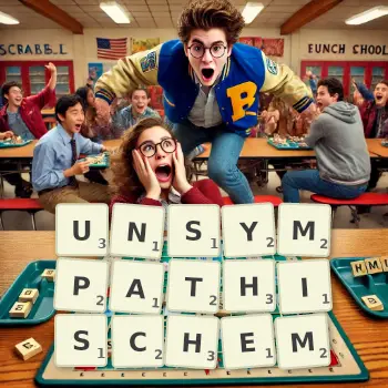 Kreative Illustration für ein Scrabble-Spiel, bei dem das Wort UNSYMPATHISCHEM mit Steinen auf dem Brett gelegt wurde.