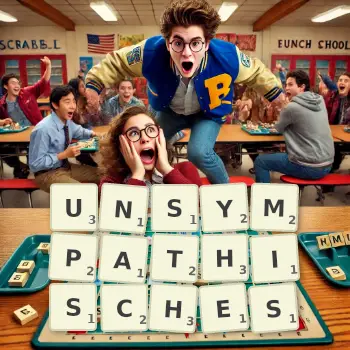 Kreative Illustration für ein Scrabble-Spiel, bei dem das Wort UNSYMPATHISCHES mit Steinen auf dem Brett gelegt wurde.