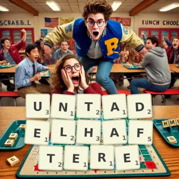 Kreative Illustration für ein Scrabble-Spiel, bei dem das Wort UNTADELHAFTERE mit Steinen auf dem Brett gelegt wurde.