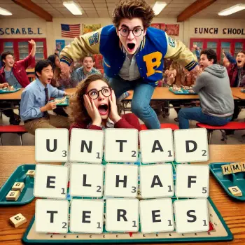 Kreative Illustration für ein Scrabble-Spiel, bei dem das Wort UNTADELHAFTERES mit Steinen auf dem Brett gelegt wurde.