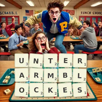 Kreative Illustration für ein Scrabble-Spiel, bei dem das Wort UNTERARMBLOCKES mit Steinen auf dem Brett gelegt wurde.