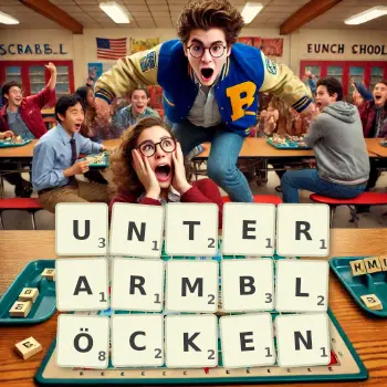Kreative Illustration für ein Scrabble-Spiel, bei dem das Wort UNTERARMBLÖCKEN mit Steinen auf dem Brett gelegt wurde.