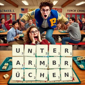 Kreative Illustration für ein Scrabble-Spiel, bei dem das Wort UNTERARMBRÜCHEN mit Steinen auf dem Brett gelegt wurde.