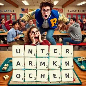 Kreative Illustration für ein Scrabble-Spiel, bei dem das Wort UNTERARMKNOCHEN mit Steinen auf dem Brett gelegt wurde.