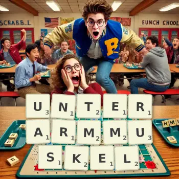 Kreative Illustration für ein Scrabble-Spiel, bei dem das Wort UNTERARMMUSKEL mit Steinen auf dem Brett gelegt wurde.