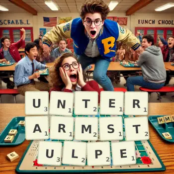 Kreative Illustration für ein Scrabble-Spiel, bei dem das Wort UNTERARMSTULPE mit Steinen auf dem Brett gelegt wurde.