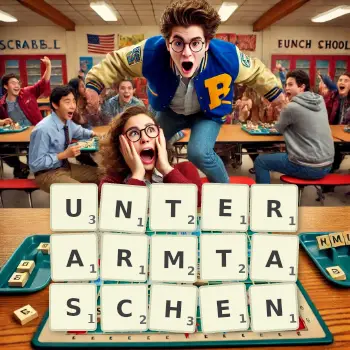 Kreative Illustration für ein Scrabble-Spiel, bei dem das Wort UNTERARMTASCHEN mit Steinen auf dem Brett gelegt wurde.