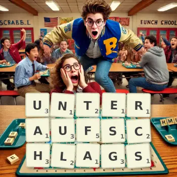 Kreative Illustration für ein Scrabble-Spiel, bei dem das Wort UNTERAUFSCHLAGS mit Steinen auf dem Brett gelegt wurde.